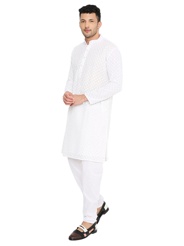 Men's White Sequin Kurta in georgette with embroidery, styled with white churidar, perfect for Indian ethnic celebrations and ceremonies.