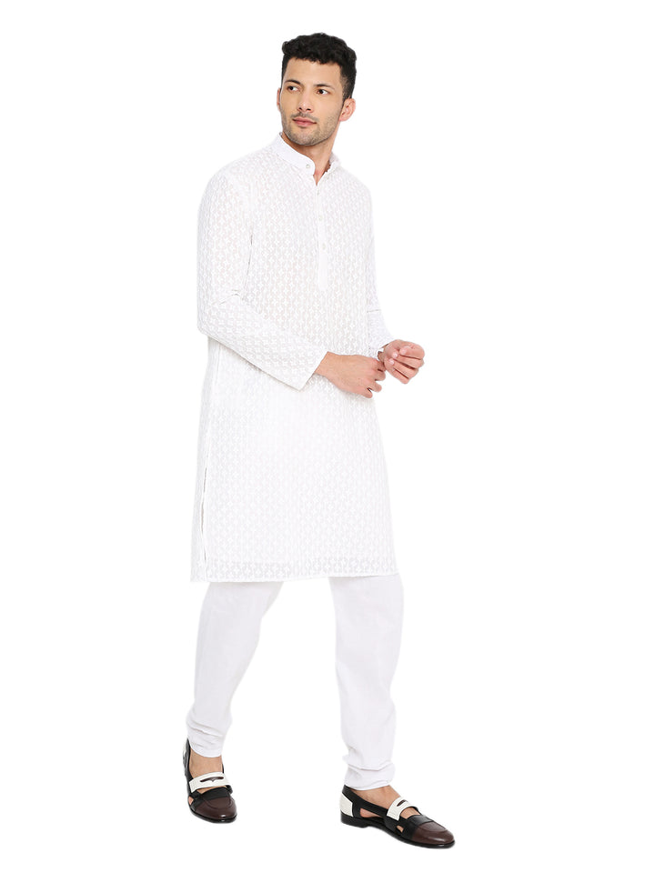 Side pose of White Georgette Embroidered Kurta for men, featuring subtle sequin work and breathable fabric for festive comfort.