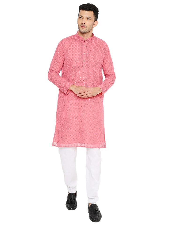 Pink sequin georgette kurta with band collar for men, ideal for weddings and festive occasions. Features full sleeves and straight hem.