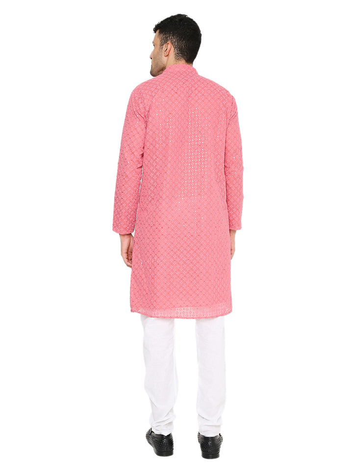Back view of pink georgette kurta with subtle sequin embroidery, showcasing traditional Indian ethnic wear for men.
