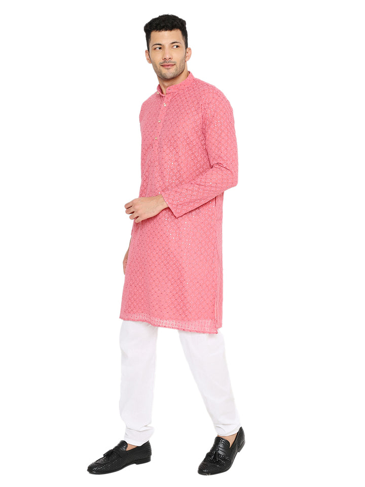 Side profile of pink sequin georgette kurta with band collar, perfect for parties and ceremonial events in Indian ethnic style.