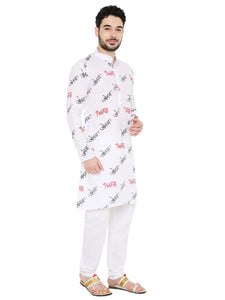 Magic Cotton Ganpati Bappa Morya Print Kurta in White for Men [MSKurta199]