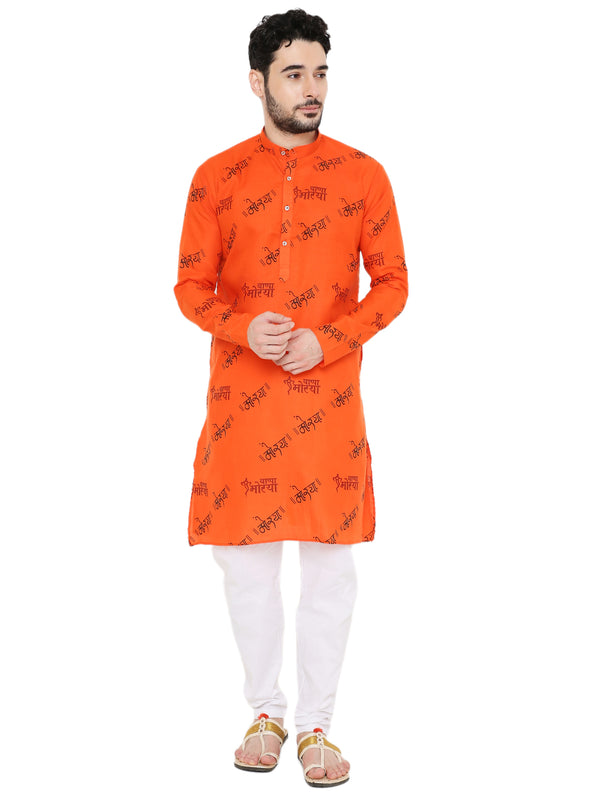 Magic Cotton Ganpati Bappa Morya Print Kurta Pyjama Set in Orange for Men [MSKP201]