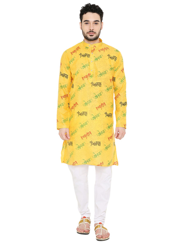 Magic Cotton All Over Ganpati Bappa Morya Print Kurta Pyjama Set in Yellow for Men [MSKP203]