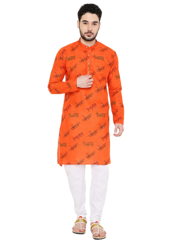 Magic Cotton All Over Ganpati Bappa Morya Print Kurta Pyjama Set in Orange for Men [MSKP204]