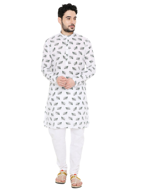 Magic Cotton Janmashtami Print Kurta Pyjama Set in White for Men [MSKP205]