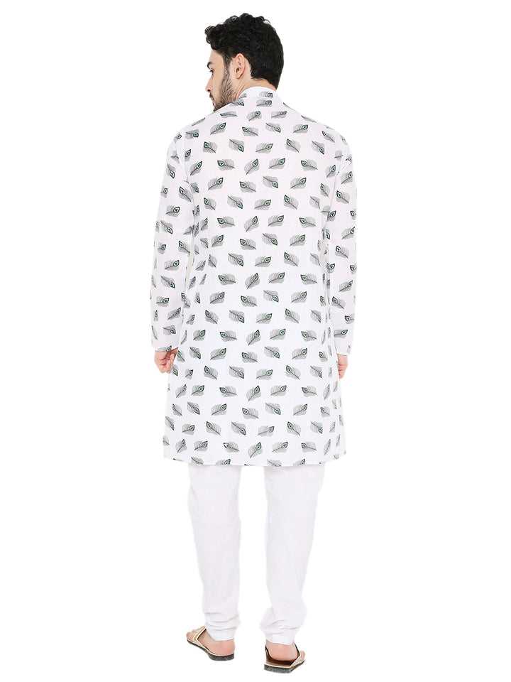 Back view of White Janmashtami Kurta featuring all-over Krishna feather motifs, perfect for ethnic and ceremonial occasions.