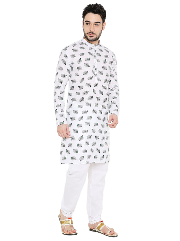 Side pose of White Janmashtami Kurta with Krishna-inspired print, designed for comfort and festive elegance in traditional attire.