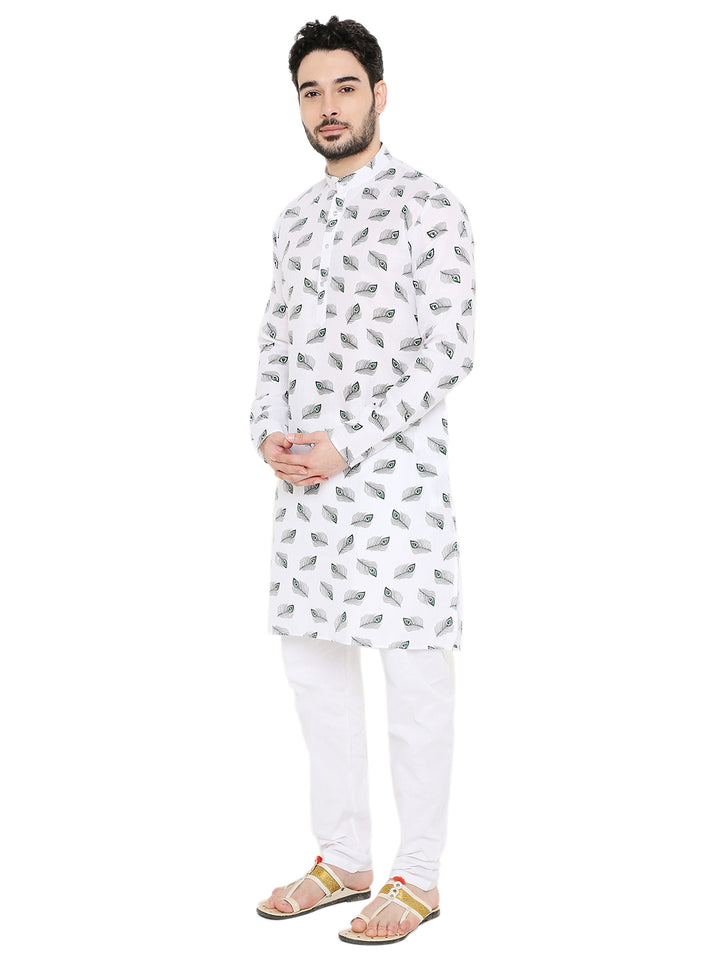 Angled view of White Krishna Print Kurta for Janmashtami, showcasing lightweight fabric and festive design for cultural events.