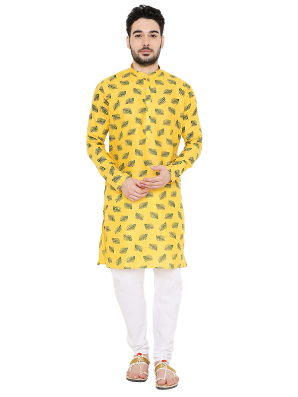 Magic Cotton Janmashtami Print Kurta Pyjama Set in Yellow for Men [MSKP206]