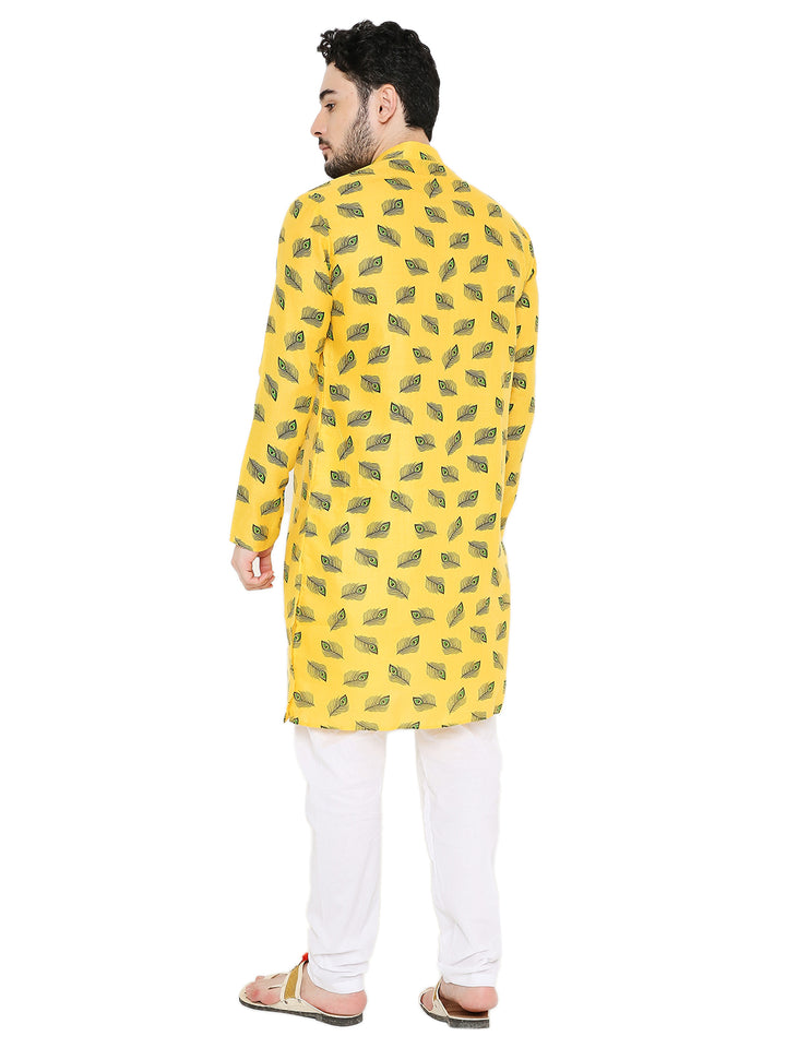 Back view of yellow Krishna Style Janmashtami Kurta featuring playful peacock feather prints, perfect for traditional celebrations.