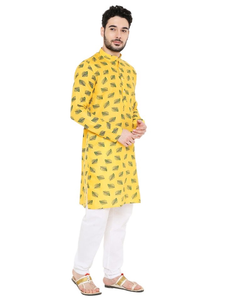 Side view of Magic Cotton Janmashtami Kurta Set in yellow with Krishna-inspired prints, styled for festive and ceremonial occasions.