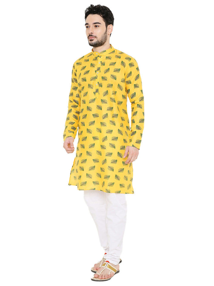Angled front view of Krishna Style Janmashtami Kurta in breathable cotton, showcasing vibrant yellow color and festive design.