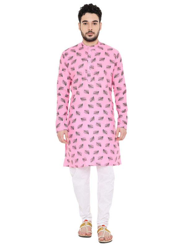 Magic Cotton Janmashtami Print Kurta Pyjama Set in Pink for Men [MSKP207]