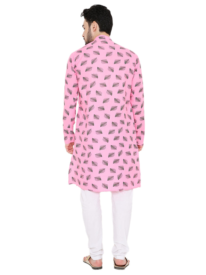 Back view of Magic Cotton Janmashtami Print Kurta in pink, showcasing full-length Krishna feather motifs for traditional festive wear.