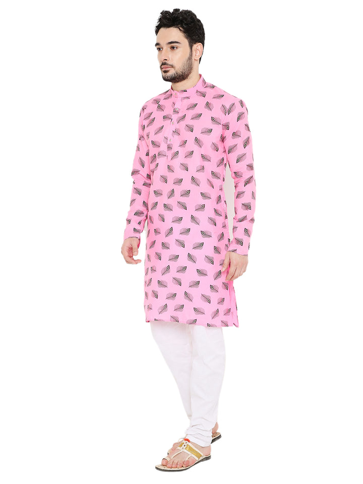 Angled view of Magic Cotton Kurta in pink featuring Krishna-inspired feather prints, ideal for Janmashtami and cultural events.