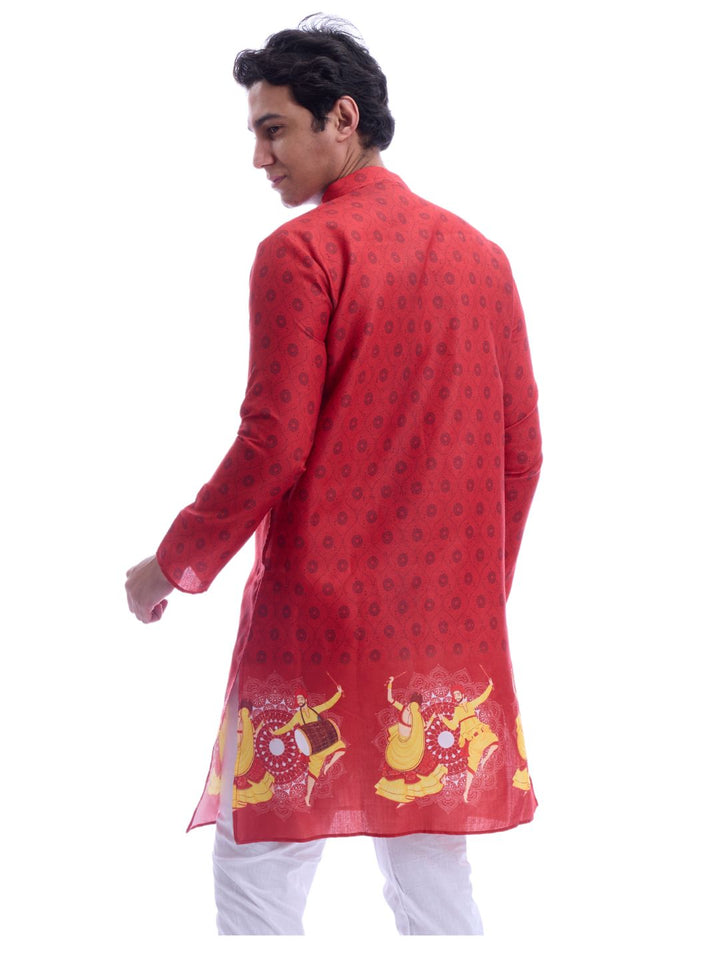 Back view of red cotton Navratri kurta set showcasing detailed festive print and easy-care fabric for ceremonial wear.