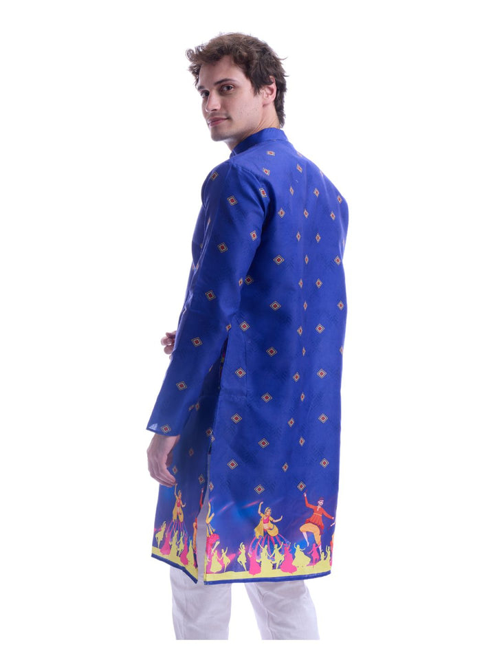 Back view of men's festive blue kurta with traditional Navratri print, showcasing detailed garba dancer artwork near the hem.