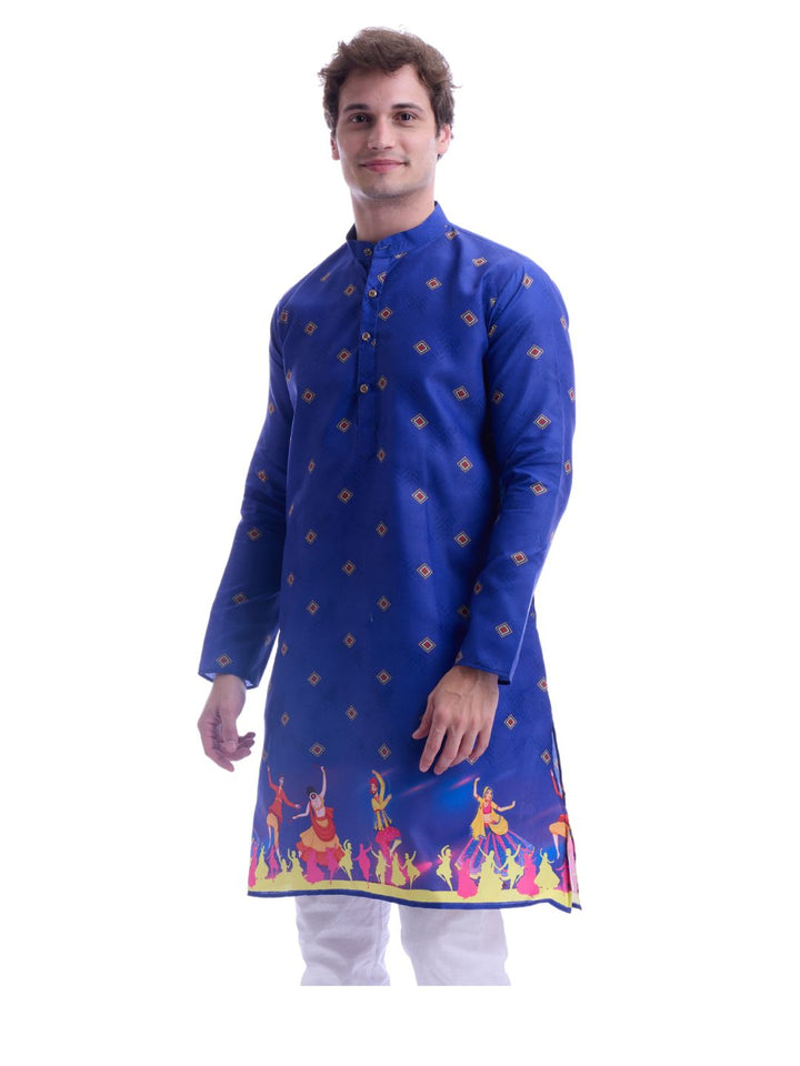 Front angled view of men's blue cotton kurta with colorful Navratri-themed border, ideal for Garba and festive occasions.