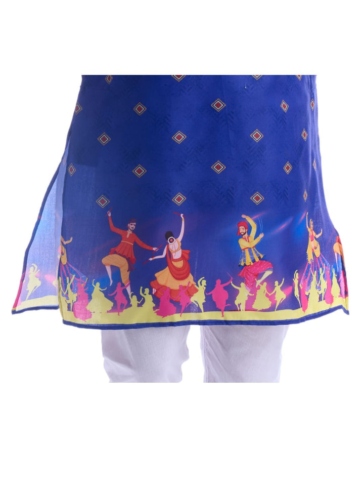 Close-up of lower kurta hem showing colorful garba dancers print, highlighting the festive Navratri theme in men's ethnic wear.