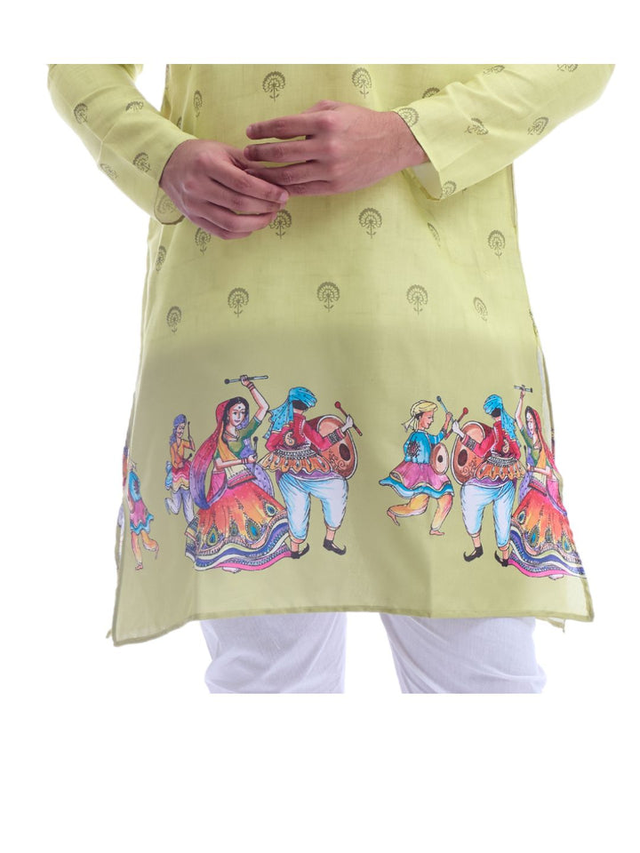 Close-up of Green Cotton Kurta featuring detailed Navratri dance illustrations, enhancing the festive appeal of this traditional outfit.