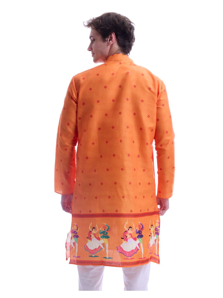Back view of Magic Cotton Navratri Print Kurta Pyjama Set in Orange showcasing colorful Navratri dance prints on breathable cotton fabric.
