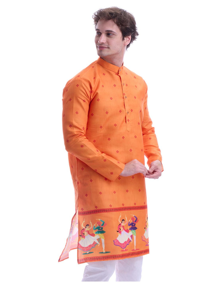 Side view of Magic Cotton Navratri Print Kurta Pyjama Set in Orange with vibrant dandiya artwork, ideal for traditional festival celebrations.