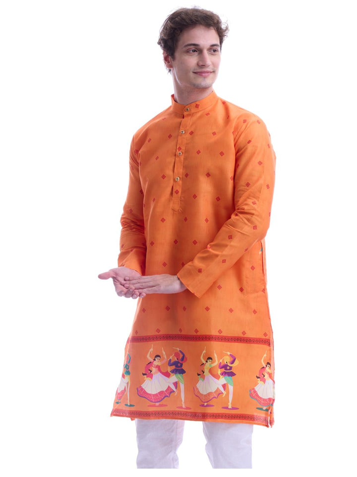 Angled front view of Magic Cotton Navratri Print Kurta Pyjama Set in Orange, highlighting festive prints and elegant mandarin collar style.