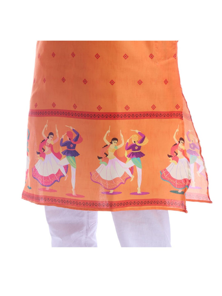 Close-up of lower hem on Magic Cotton Navratri Print Kurta Pyjama Set in Orange, displaying detailed dandiya dancer illustrations for festive flair.