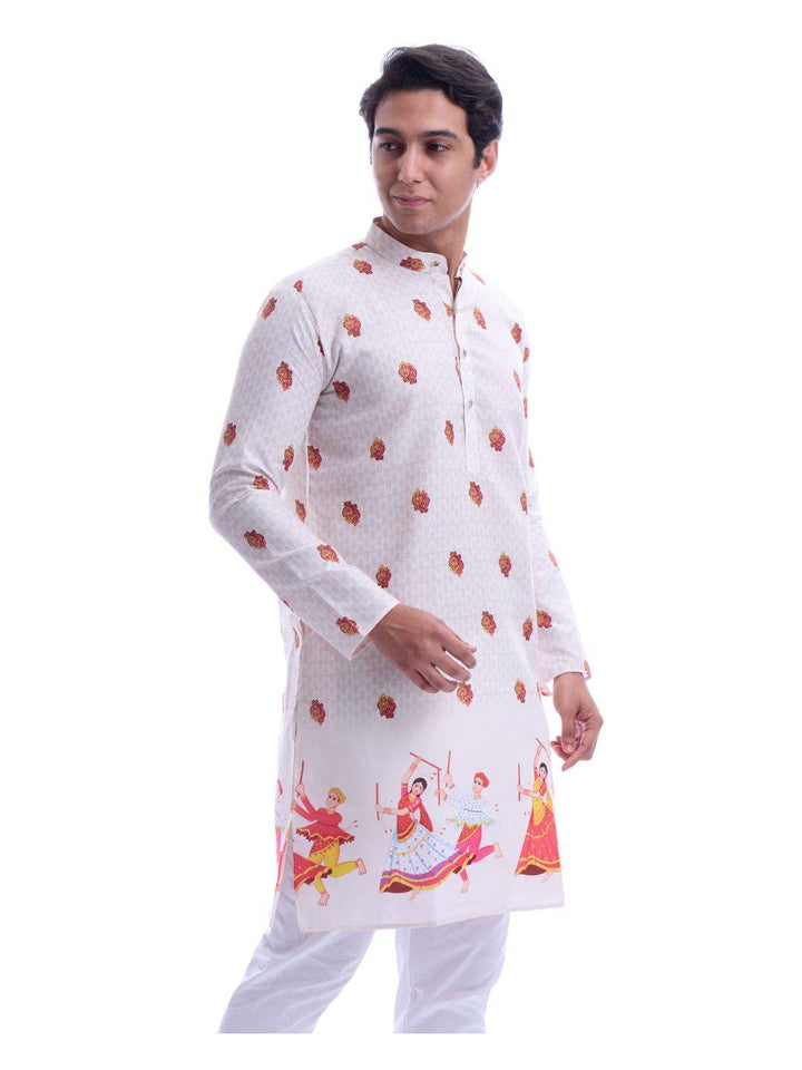 Side view of Magic Cotton Navratri Kurta for Men featuring colorful dance motifs and floral patterns, perfect for dandiya nights.