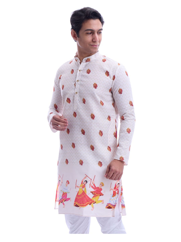 Angled front view of white Magic Cotton Navratri Kurta for Men with traditional dandiya print and floral accents for festival wear.