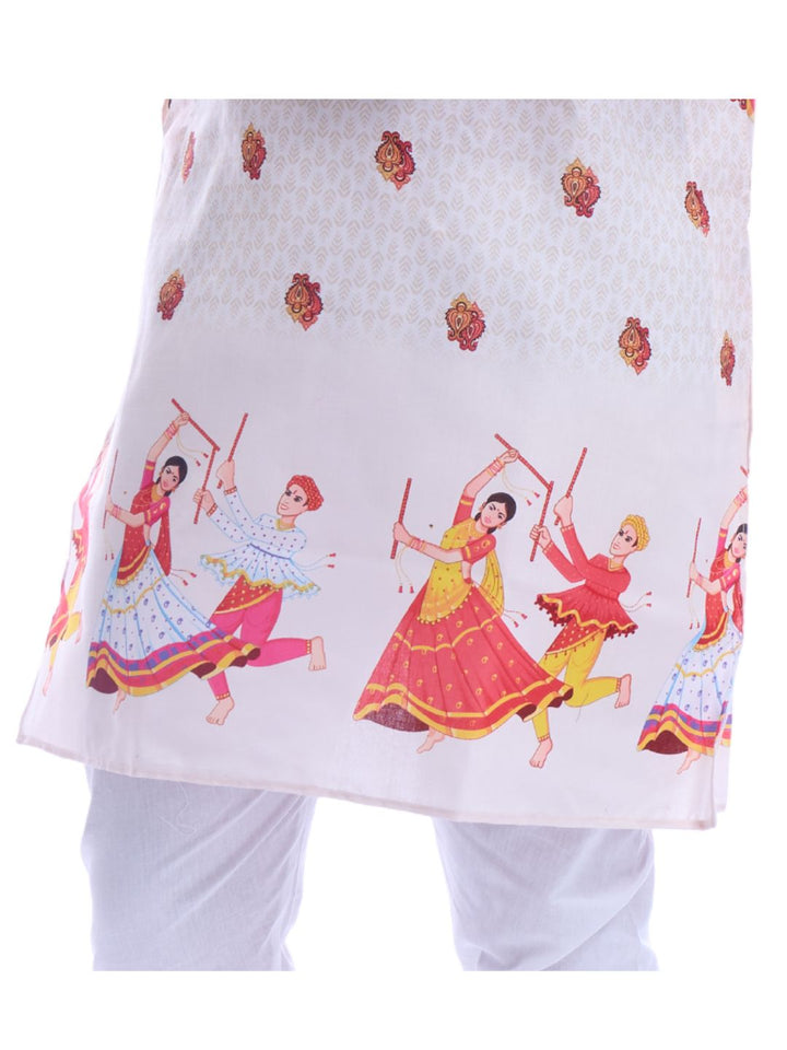Close-up of Magic Cotton Kurta hem showcasing detailed Navratri dandiya dancer print in bright festive colors on white fabric.