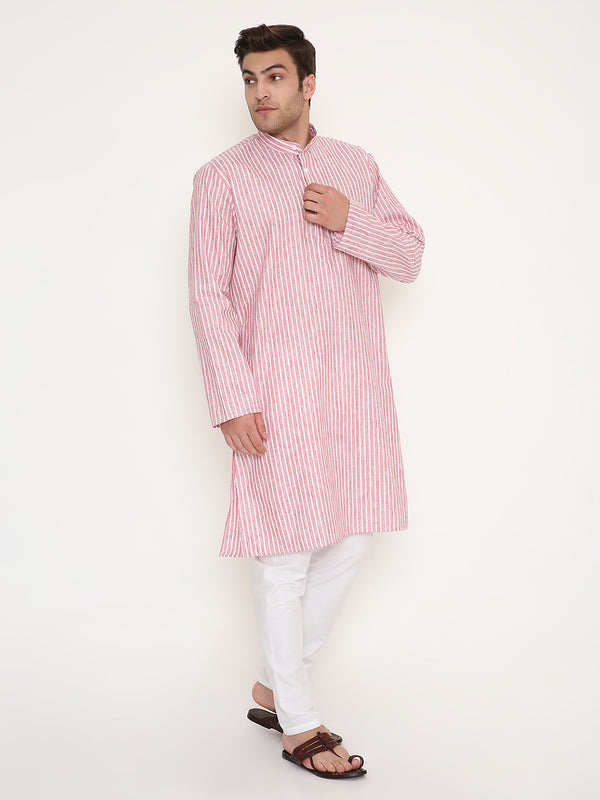 Poly Viscose Regular Fit Striped Kurta in Red