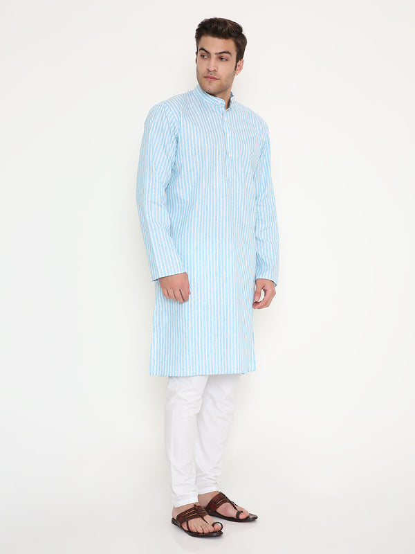 Poly Viscose Regular Fit Striped Kurta in Sky Blue