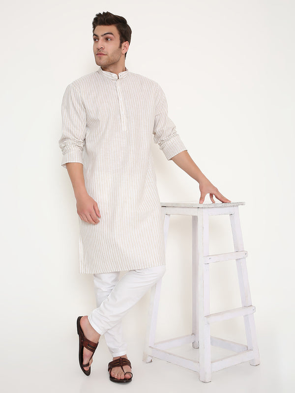 Poly Viscose Regular Fit Striped Kurta in Beige