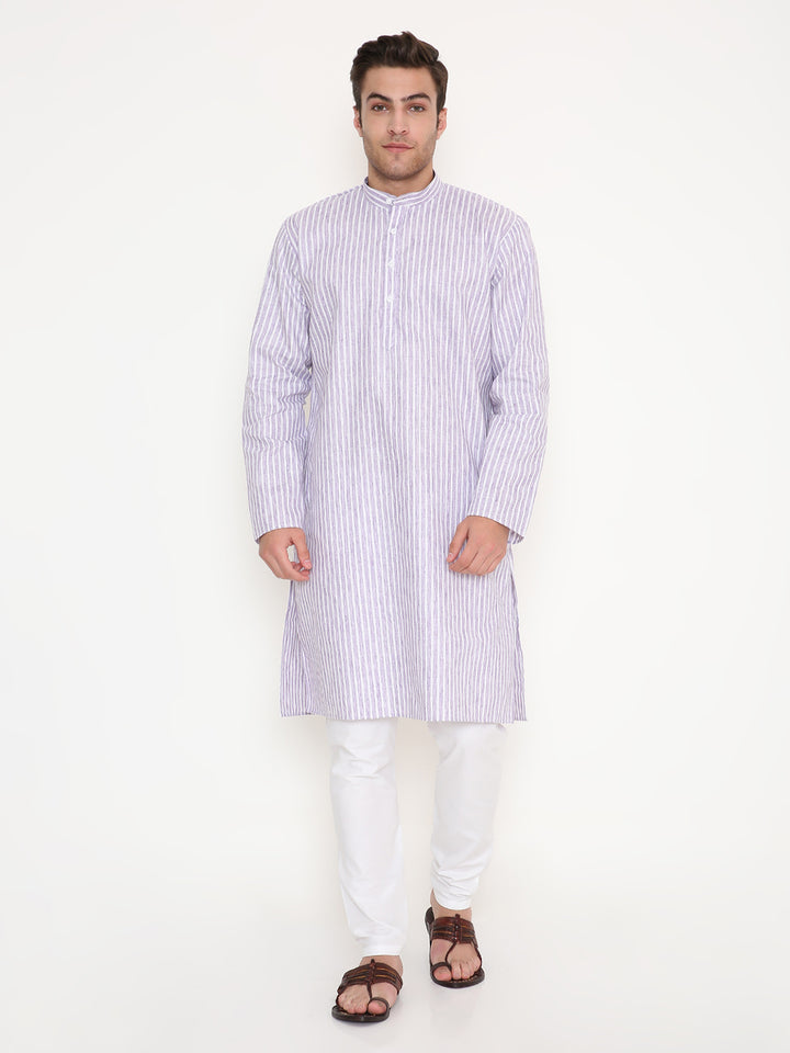 Purple Striped Kurta Set in regular fit featuring a mandarin collar and button placket, styled with white bottoms for traditional occasions.