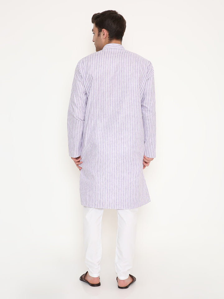 Back view of Regular Fit Purple Striped Kurta highlighting the straight hem and clean vertical stripe pattern for a refined ethnic look.