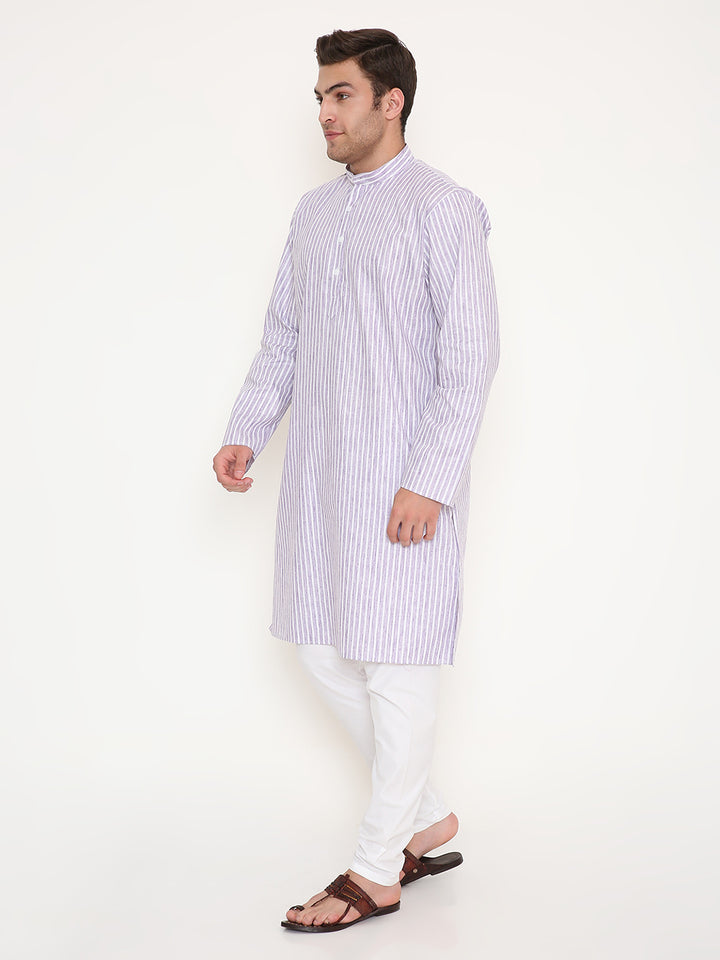 Comfortable Poly Viscose Purple Striped Kurta in regular fit, side view showcasing its relaxed silhouette and elegant design.