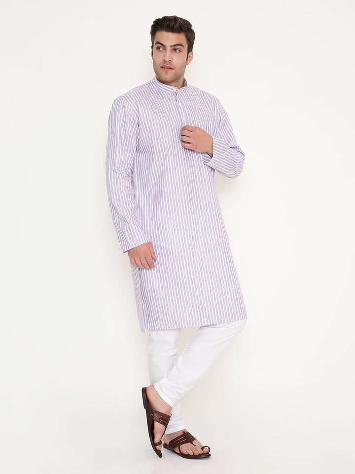 Regular Fit Striped Kurta - Purple with white vertical stripes, paired with white churidar. Ideal for cultural events and festive wear.