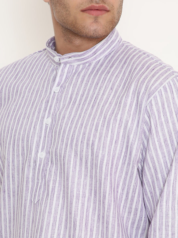 Close-up of Purple Striped Kurta's mandarin collar and button detailing, emphasizing the fine texture and craftsmanship of the fabric.