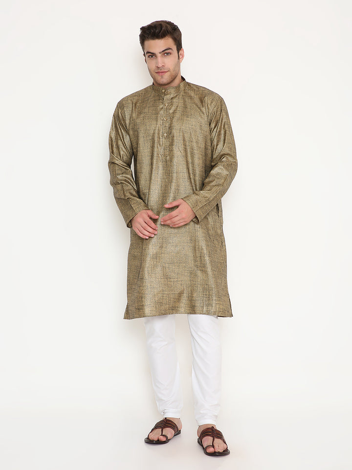 Poly Viscose Kurta Gold - Comfortable Fit | Adjustable Waistband. Regular fit gold kurta set with mandarin collar and white churidar, ideal for festive wear.