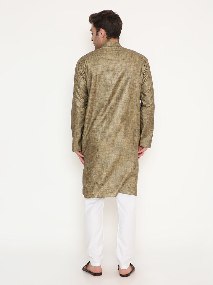 Poly Viscose Kurta Gold - Comfortable Fit | Adjustable Waistband. Back view of gold regular fit kurta showcasing smooth finish and straight hemline.