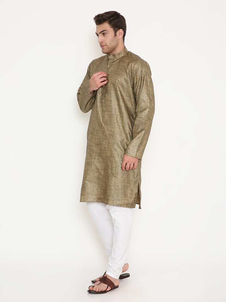 Poly Viscose Kurta Gold - Comfortable Fit | Adjustable Waistband. Angled pose of gold poly viscose kurta with long sleeves and white bottoms for ethnic styling.