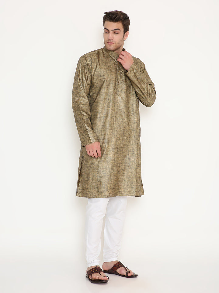 Poly Viscose Kurta Gold - Comfortable Fit | Adjustable Waistband. Side view of gold kurta set with textured finish, perfect for traditional and ceremonial occasions.