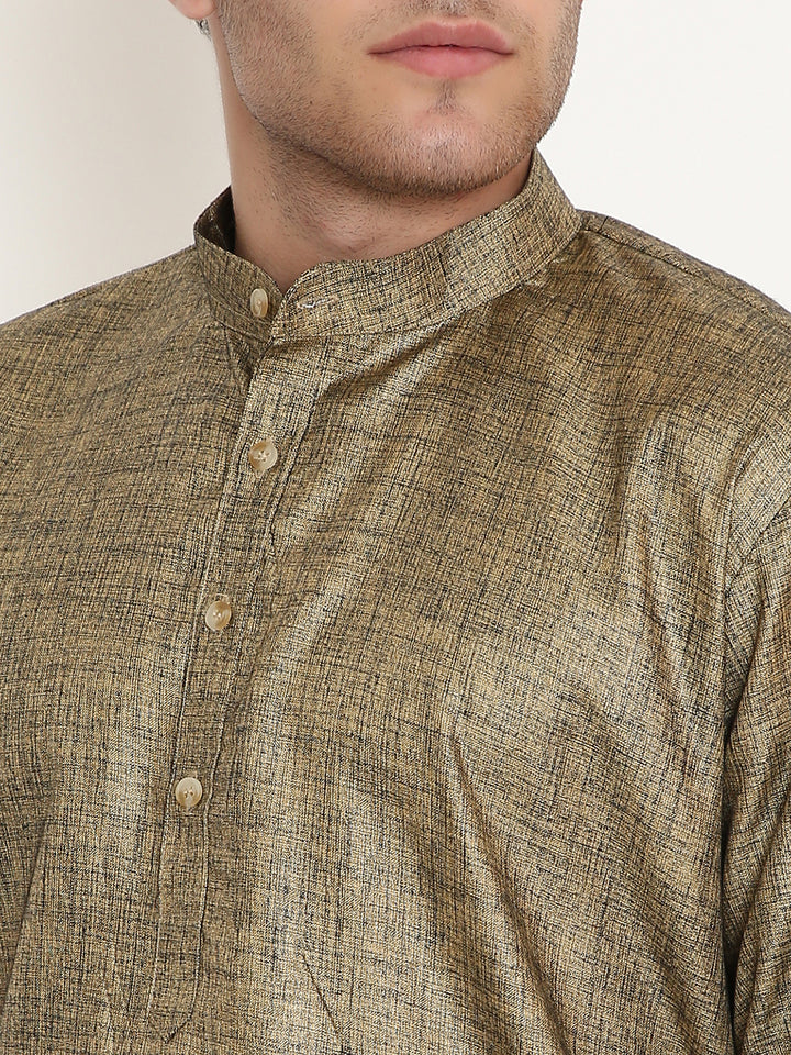 Poly Viscose Kurta Gold - Comfortable Fit | Adjustable Waistband. Close-up of gold kurta's button placket and mandarin collar, showing fine texture and stitching.
