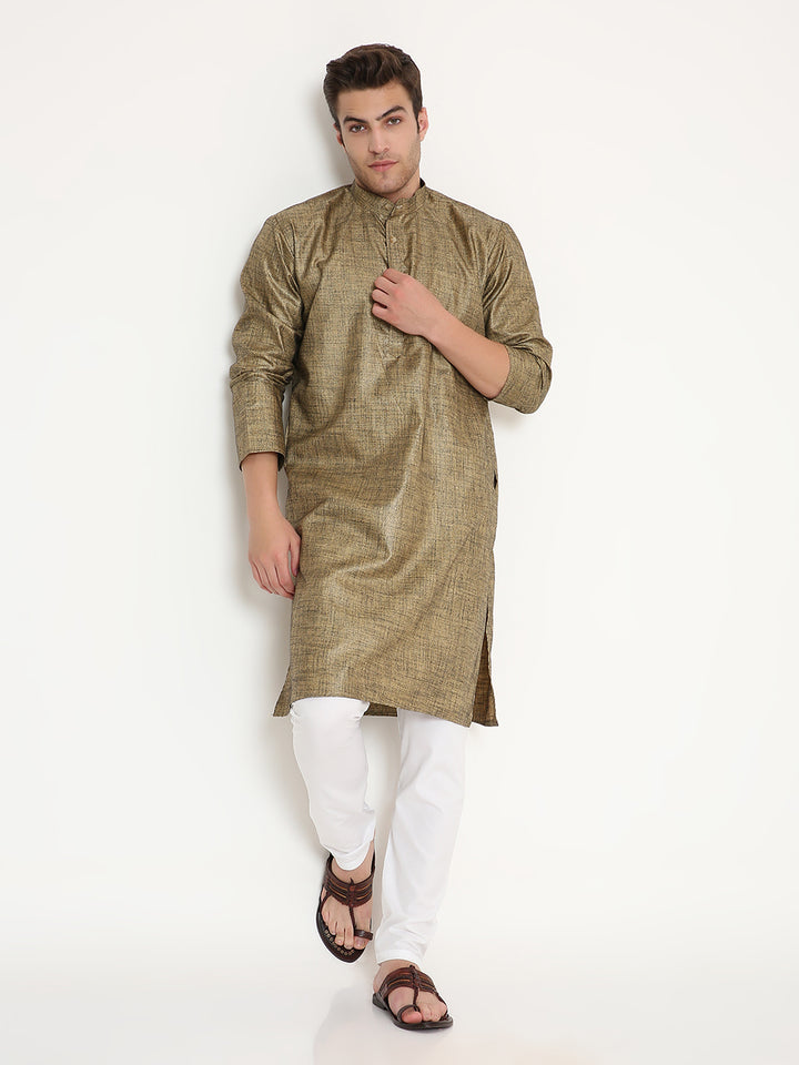 Poly Viscose Kurta Gold - Comfortable Fit | Adjustable Waistband. Stylish gold kurta set in motion, highlighting comfort and festive appeal for men.
