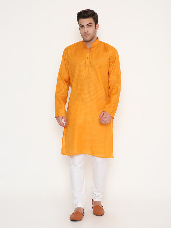 Mustard Kurta - Ethnic Design with regular fit and white churidar, ideal for festive and cultural wear in traditional Indian style.