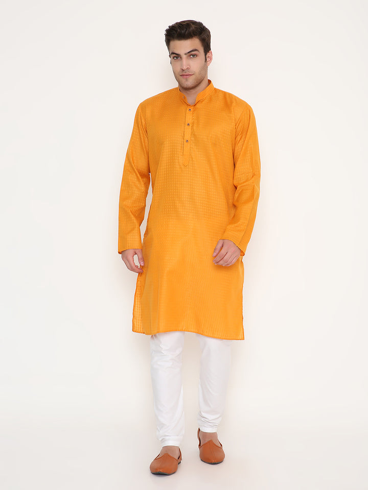 Mustard Kurta - Ethnic Design with regular fit and white churidar, ideal for festive and cultural wear in traditional Indian style.