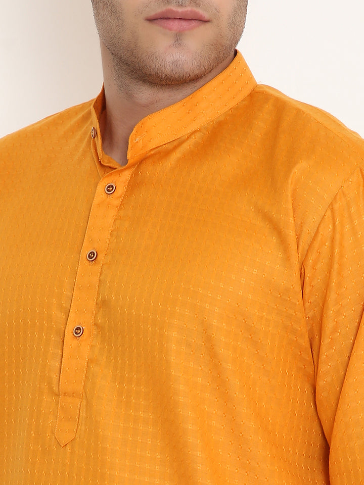 Close-up of Mustard Kurta collar and button placket highlighting ethnic texture and fine stitching for a refined traditional look.
