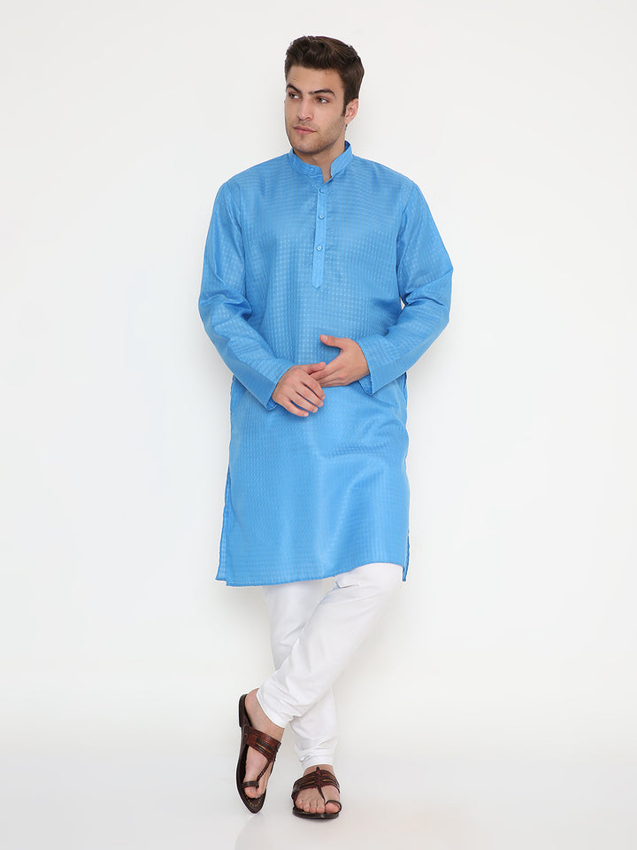 Front view of blue ethnic kurta for men with buttoned placket and mandarin collar, offering a stylish and easy-care traditional look.